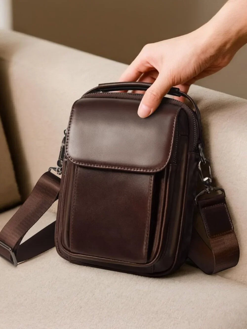Men's Coffee Leather Shoulder Sling Travel Crossbody Stylish Magnetic Buckle Bag